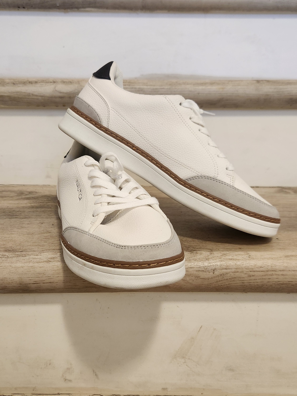 Nautica White Sneakers with Light Gray and Brown Trim